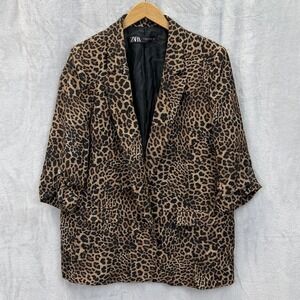 Zara Blazer Womens XXL Brown Leopard Print Long Open Front Ruched Sleeve Jacket